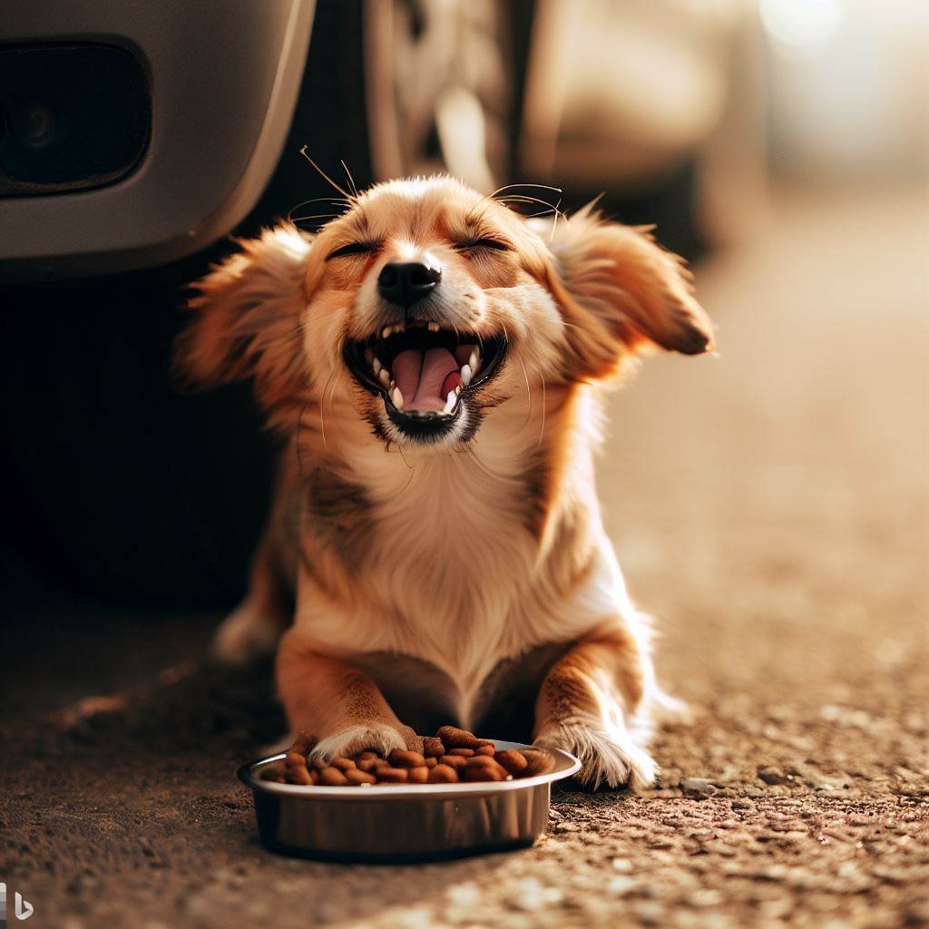 happy litte dog eating food close to a car