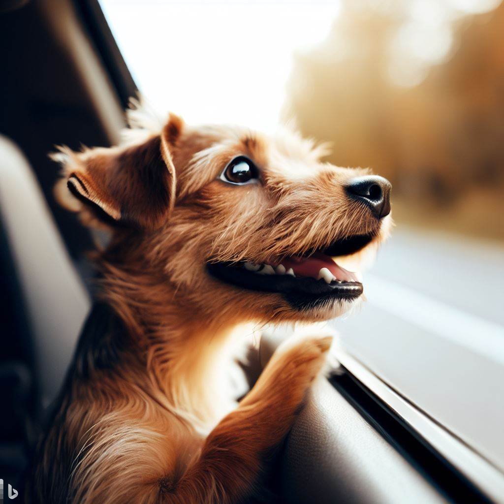 happy little dog travelling in a car and watching outside5